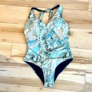 Your Best Look V-Neck High Strap Back One Piece Bathing Suit Sz 14 Blue & Green